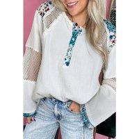 Everyday The Label Women's White Plant Mesh Patched Color Block Half Button Blouse Blouses | Size: XL