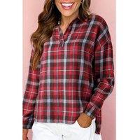 Everyday The Label Women's Red Plaid Print Collared V Neck Loose Blouse with Side Slits Blouses | Size: Small
