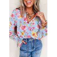 Everyday The Label Women's Sky Blue Floral Smocked Cuff Flounce Sleeve V Neck Blouse in Pale Blue | Size: Large