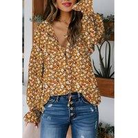 Everyday The Label Women's Orange Boho Floral Ruffled Bubble Sleeve V Neck Fall Blouse | Size: Large