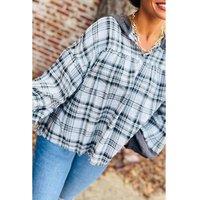 Everyday The Label Women's Gray Plaid Patchwork Long Sleeve Button Hooded Blouse Blouses in Grey | Size: XL