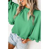 Everyday The Label Women's Green Frilly Round Neck Wide Half Sleeve Blouse Blouses | Size: Large