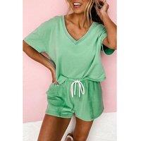 Everyday The Label Women's Mint Green V Neck Drop Shoulder Tee & Patchwork Drawstring Shorts | Size: Small