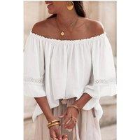 Everyday The Label Women's White Frilly Off-Shoulder Lace Insert Sleeve Textured Blouse Blouses | Size: Large