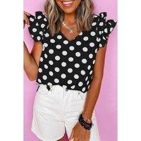 Everyday The Label Women's Black Polka Dot Print Ruffled Sleeve V Neck Blouse | Size: Medium