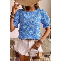 Everyday The Label Women's Sky Blue Eyelet Flower Embroidery Frilled Short Puff Sleeve Blouse in Pale Blue | Size: Large