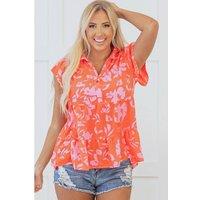 Everyday The Label Women's Orange Floral Print Collared Button Neckline Flutter Sleeve Blouse | Size: XL