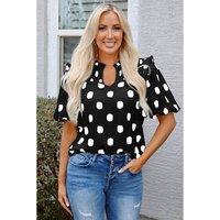 Everyday The Label Women's Black Polka Dot Print Shirred Yoke Notched Neck Balloon Sleeve Blouse | Size: Large