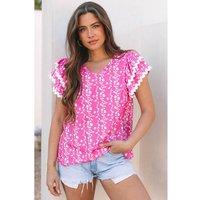 Everyday The Label Women's Pink Floral Print Ric-rac Tiered Ruffled V Neck Blouse | Size: XL