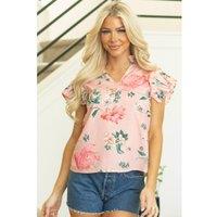 Everyday The Label Women's Pink Floral Print Frilled V Neck Pleated Sleeve Blouse | Size: XL