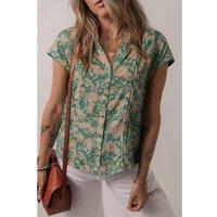 Everyday The Label Women's Green Floral Print Pleated Buttoned V Neck Short Sleeve Blouse Blouses | Size: XL