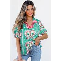 Everyday The Label Women's Sea Green Boho Abstract Print Contrast Striped Collared V Neck Blouse in Teal | Size: Small