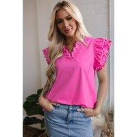 Everyday The Label Women's Bright Pink Contrast Scallop Trim Layered Short Sleeve V Neck Blouse | Size: XL