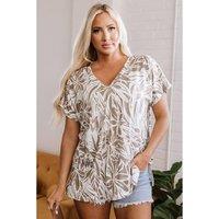 Everyday The Label Women's Khaki Floral Print V Neck Short Sleeve Loose Fit Blouse | Size: Small