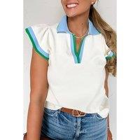 Everyday The Label Women's White Color Contrast Ruffled Sleeve Collared V Neck Blouse Blouses | Size: XL