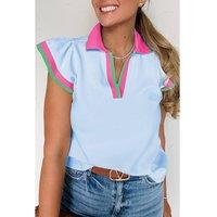 Everyday The Label Women's Beau Blue Color Contrast Ruffled Sleeve Collared V Neck Blouse in Pale Blue | Size: Large