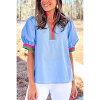 Everyday The Label Women's Sky Blue Contrast Striped V Neck Collision Short Puff Sleeve Blouse in Pale Blue | Size: Small