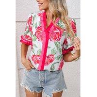 Everyday The Label Women's Rose Floral Frilled V Neck Short Sleeve Blouse Top Blouses | Size: Medium