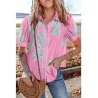 Everyday The Label Women's Rose Floral Ric Rac Edge Puff Sleeve Button Up Summer Shirt | Size: Large