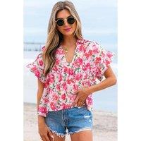 Everyday The Label Women's Pink Floral Boxy Fit Ruffled Short Sleeve V Neck Blouse | Size: Small