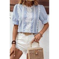 Everyday The Label Women's Sky Blue Stripe Floral Lace Splicing Puff Sleeve Blouse Blouses | Size: Large