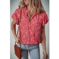 Everyday The Label Women's Red Floral Tie Split Neck Short Flounce Sleeve Crinkled Blouse | Size: Small