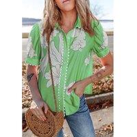 Everyday The Label Women's Green Floral Ric Rac Edge Puff Sleeve Button Up Summer Shirt Blouses | Size: Large