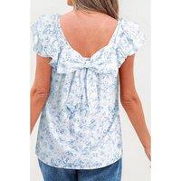 Everyday The Label Women's Sky Blue Floral Ruffled Short Sleeve Bow Back Square Neck Blouse | Size: Medium
