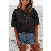 Everyday The Label Women's Black Frilly Puff Sleeve Stylish Collared Shirt | Size: XL