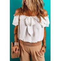 Everyday The Label Women's White Off-Shoulder Ruffle Knotted Detail Swiss Dot Blouse Blouses | Size: Large