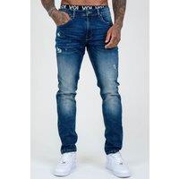 Voi London Men's Taper Fit Distressed Stretch Jeans in Mid Blue | Size: 34R