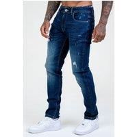 Voi London Men's Taper Fit Distressed Stretch Jeans in Dark Blue | Size: 30R
