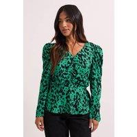 Dorothy Perkins Women's Petite Green Animal Button Detail Printed Peplum Blouse | Size: 6