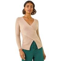 Roman Women's Ribbed Wrap Front Knit Top in Stone | Size: 12