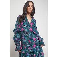 Oasis Women's Printed Boho Ruffle Button Down Mini Dress in Black | Size: 8