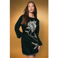 Coast Women's Flare Sleeve Velvet Floral Embellished Mini Dress in Emerald | Size: 12