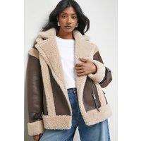 Warehouse Women's Wool Lined Shearling Biker Jacket in Chocolate | Size: 12