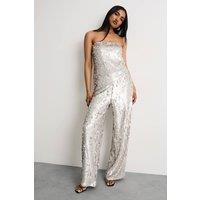 Warehouse Women's Premium Matte Sequin Skinny Straight Trouser in Silver | Size: 10