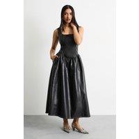 Warehouse Women's Faux Leather Whipstitch Trim Midi Dress in Black | Size: 16