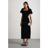 Warehouse Women's Velvet Embellished Pencil Midi Skirt in Black | Size: 10