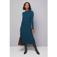 Wallis Women's Button Cuff Detail High Neck Pleated Knitted Midaxi Dress in Teal | Size: Large