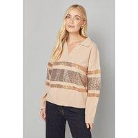 Wallis Women's Petite Oatmeal Sequin Placement Polo Jumper | Size: Small