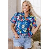 Everyday The Label Women's Blue Flower Print Collared V Neck Puff Short Sleeve Loose Blouse | Size: Small