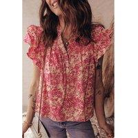 Everyday The Label Women's Rose Allover Printed Half Button Neck Ruffle Sleeve Blouse Blouses | Size: Large