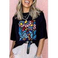 Everyday The Label Women's Black USA Flag Flower Graphic Drop Shoulder T-Shirt | Size: Small