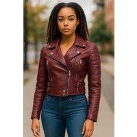 Infinity Leather Women's Cropped Brando Leather Biker Jacket-Durban in Burgundy | Size: 18