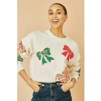 Yumi Women's White Sequinned Bow Relaxed Fit Jumper | Size: Medium