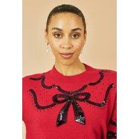 Yumi Women's Red Sequinned Bow Neckline Jumper | Size: Medium