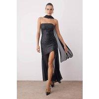 WOVCOR Women's Sequin Chiffon Split Maxi Evening Dress with Shawl in Black | Size: 10