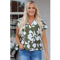 Everyday The Label Women's Green Floral Print Split Neck Short Sleeve Blouse Blouses | Size: Small